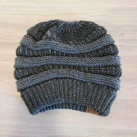 Dark Gray Knit Ponytail Beanie Ribbed Winter Hat w/ Top Opening for Hair - Picture 5 of 5